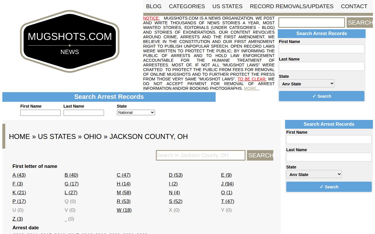 Mugshots.com Jackson County archive page, an unofficial historical reference